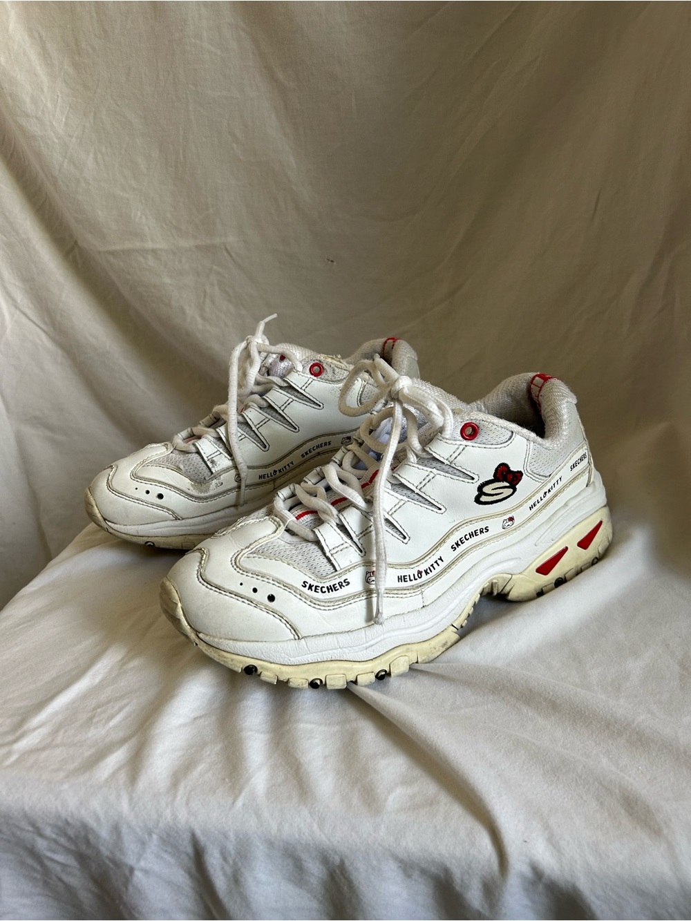 Skechers Hello Kitty White Chunky Lace-Up Sneakers with Red Accents
